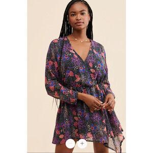 Free People Teegan Mini Dress Size Large V-neck Dark Floral Chiffon